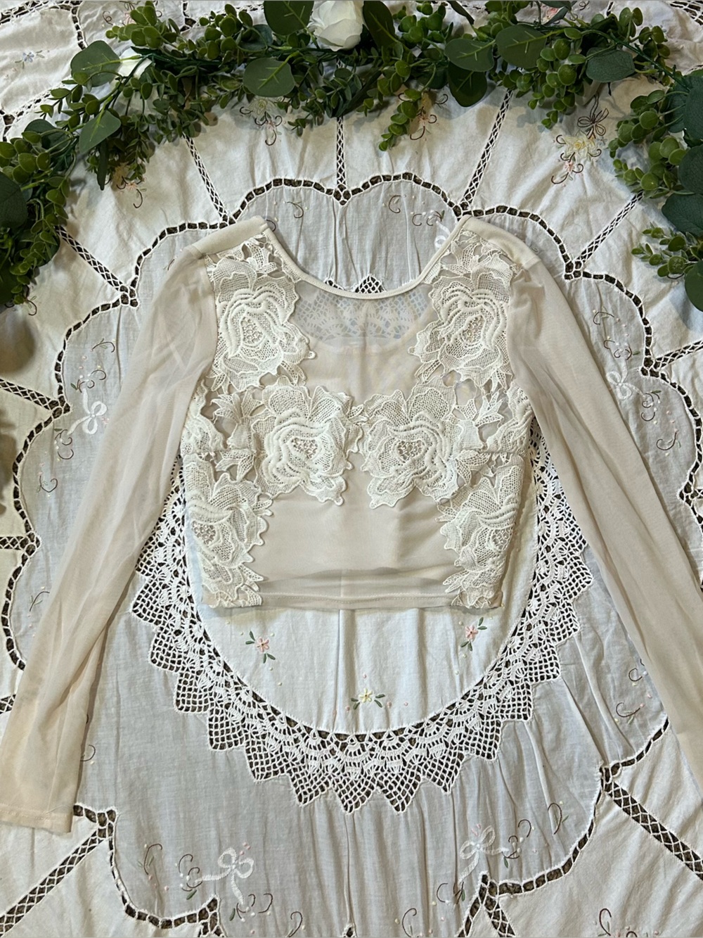 Agaci cream long sleeve lace top